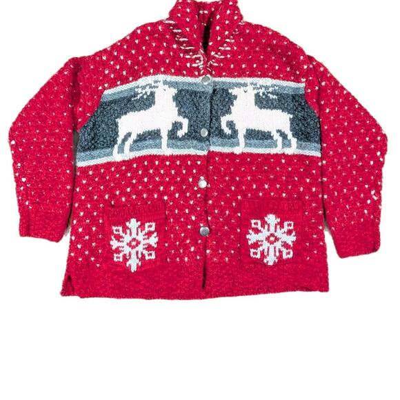 Limited Hand Knit Cowichan 100% Wool Deer Fair Isle Cardigan Sweater - Picture 1 of 6
